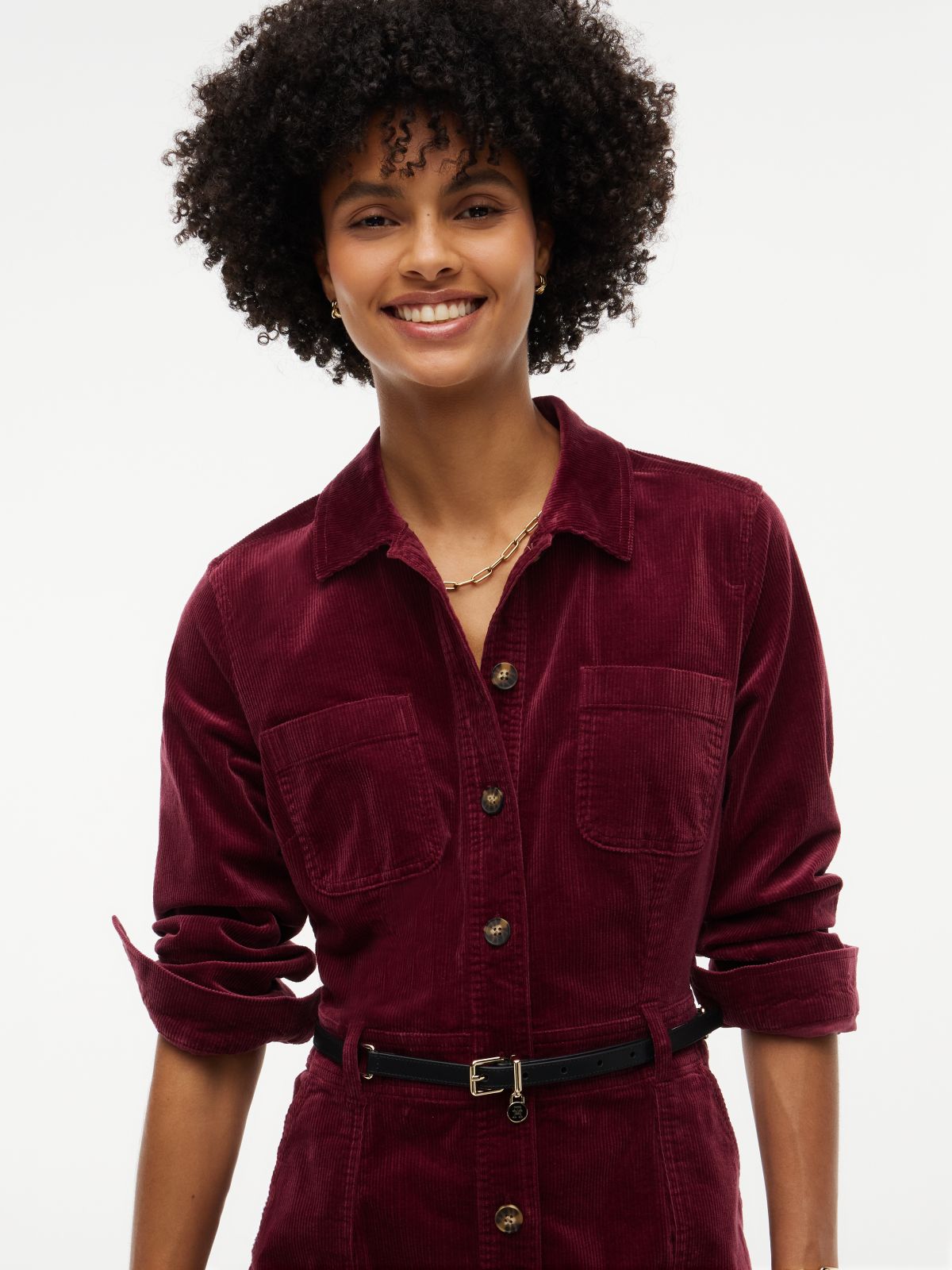 Stretch Corduroy Utility Mini Dress — Burgundy