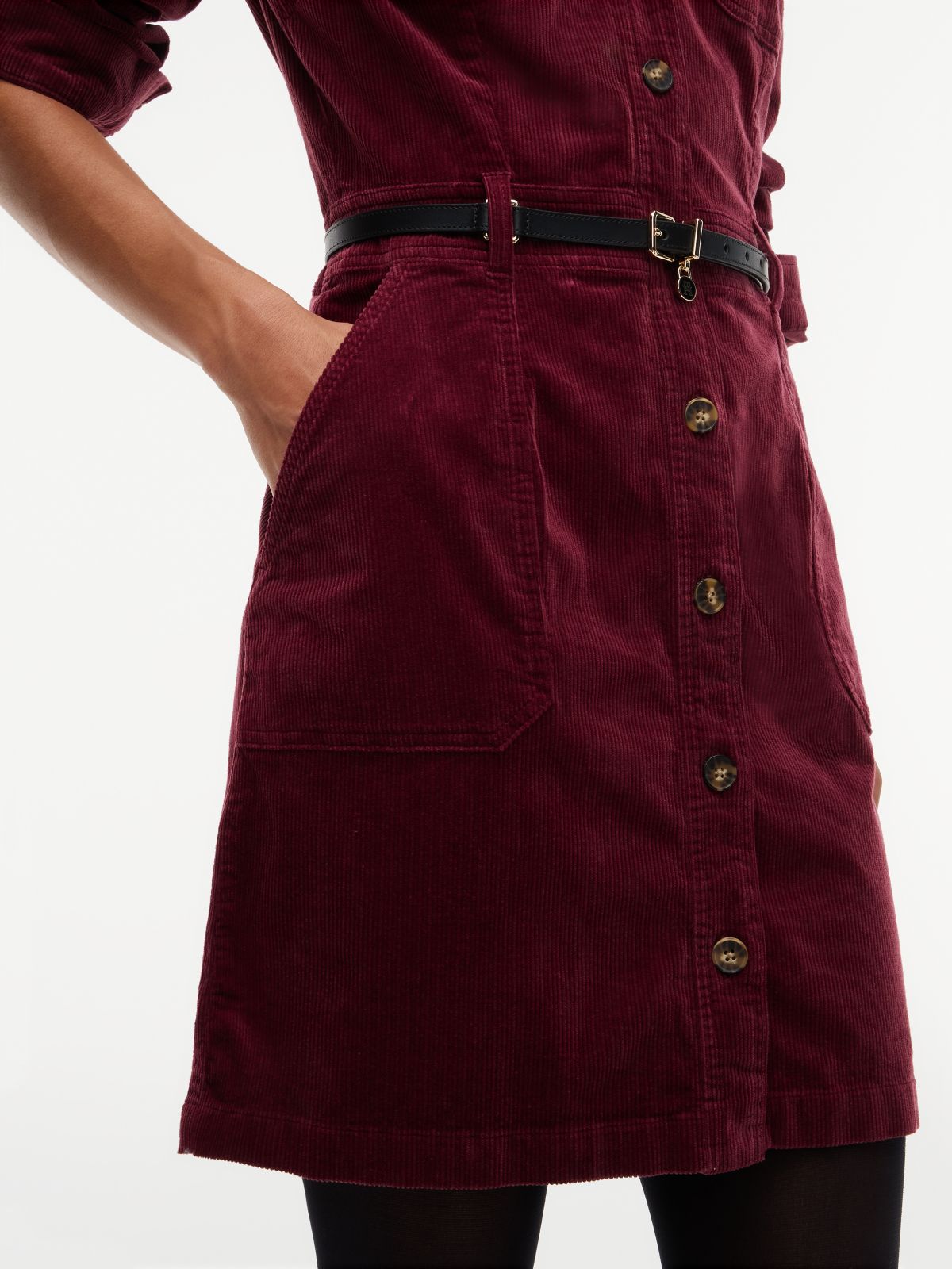 Stretch Corduroy Utility Mini Dress — Burgundy