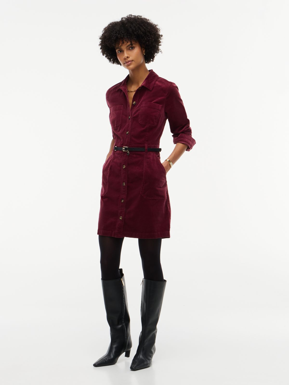 Stretch Corduroy Utility Mini Dress — Burgundy
