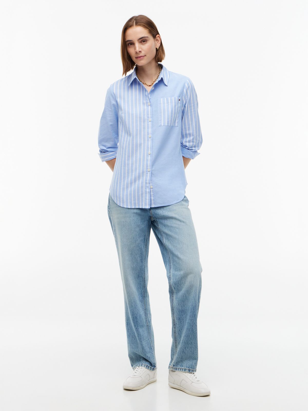 Mixed-Stripe Stretch Oxford Shirt — Blue Spell