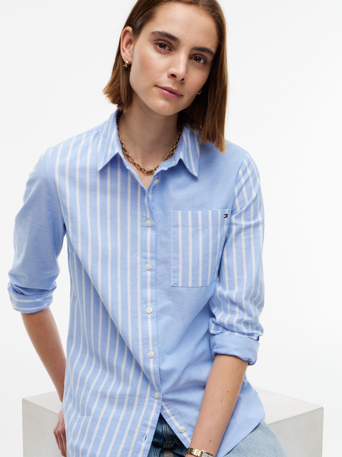 Mixed-Stripe Stretch Oxford Shirt — Blue Spell