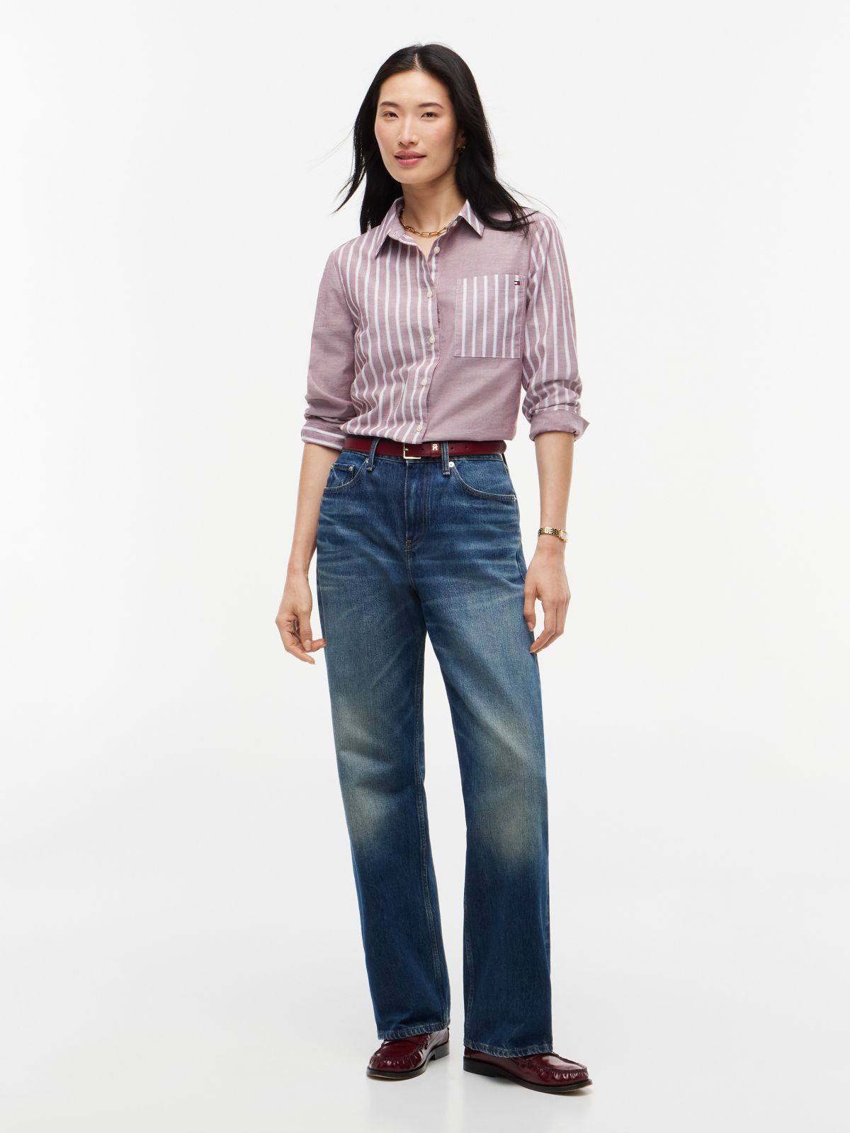 Mixed-Stripe Stretch Oxford Shirt — Burgundy