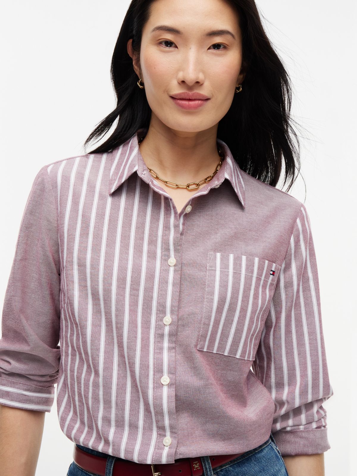 Mixed-Stripe Stretch Oxford Shirt — Burgundy
