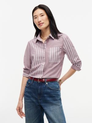 Mixed-Stripe Stretch Oxford Shirt, Burgundy