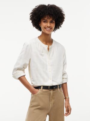 Relaxed Fit Tonal Plaid Corduroy Blouse, Ivory Silk