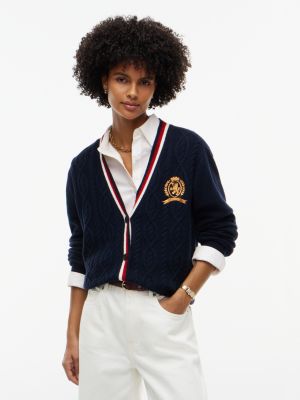 Signature Stripe Cable Knit Cardigan, Navy Blue