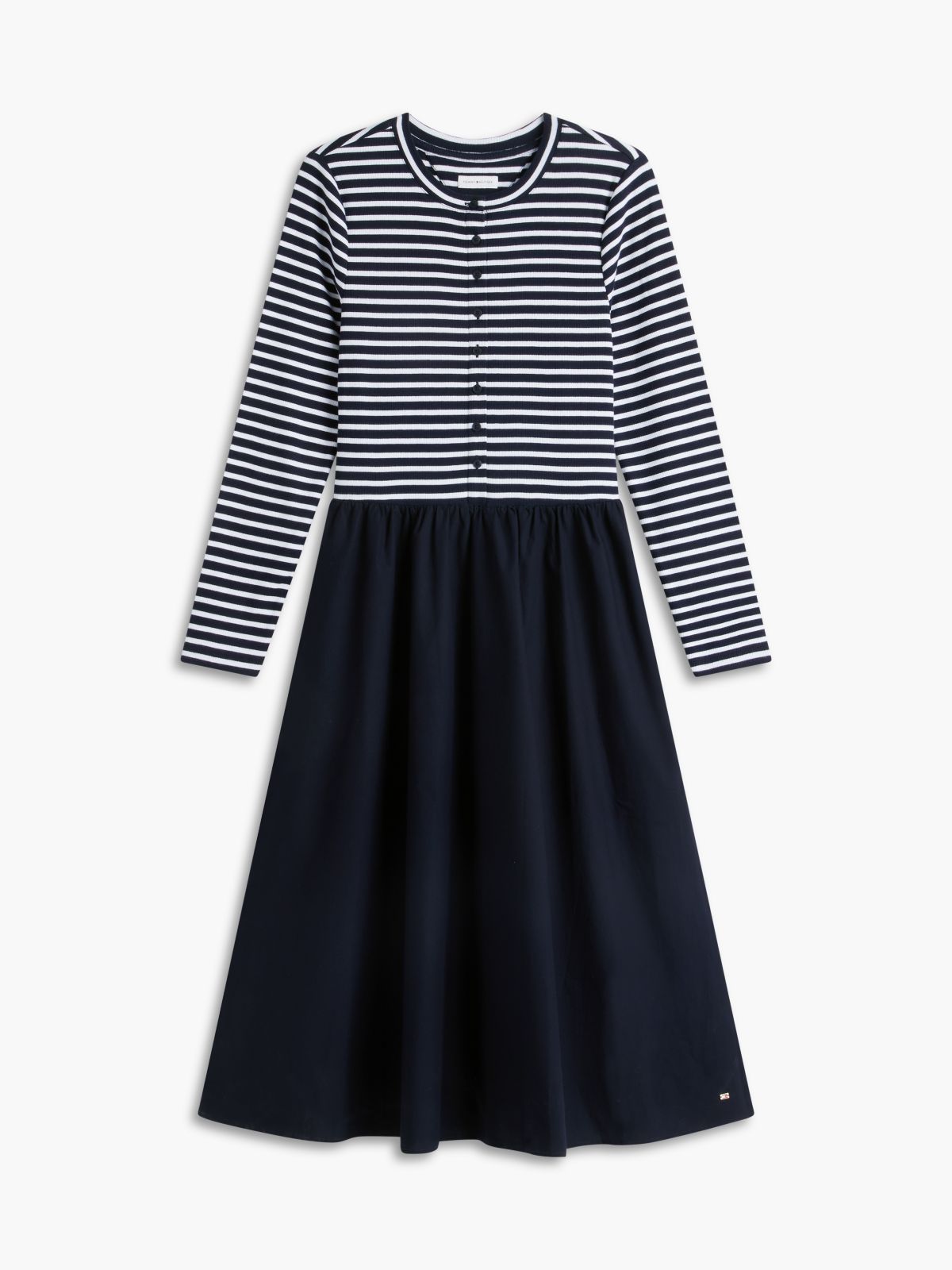 Mixed-Media Striped Henley Midi Dress — Navy Blue