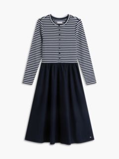 Mixed-Media Striped Henley Midi Dress — Navy Blue 5