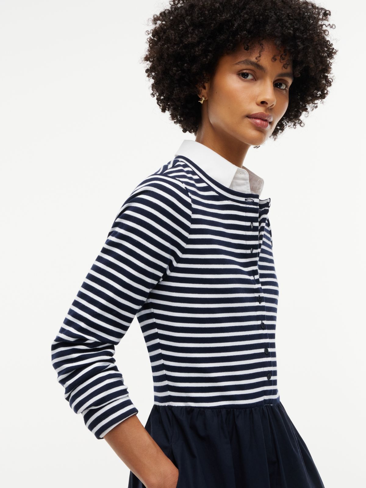 Mixed-Media Striped Henley Midi Dress — Navy Blue
