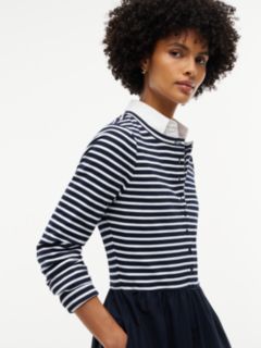 Mixed-Media Striped Henley Midi Dress — Navy Blue 2