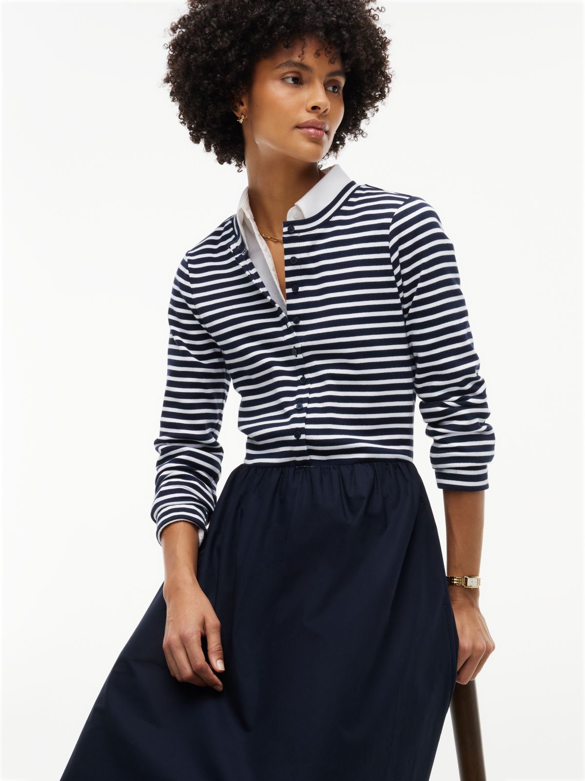 Mixed-Media Striped Henley Midi Dress — Navy Blue