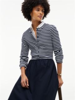 Mixed-Media Striped Henley Midi Dress — Navy Blue 3
