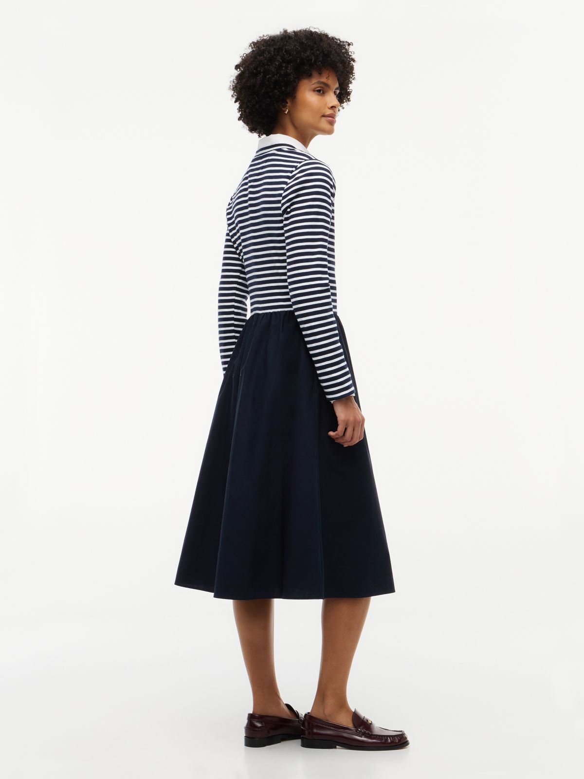 Mixed-Media Striped Henley Midi Dress — Navy Blue