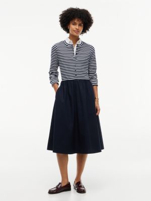 Mixed-Media Striped Henley Midi Dress, Navy Blue