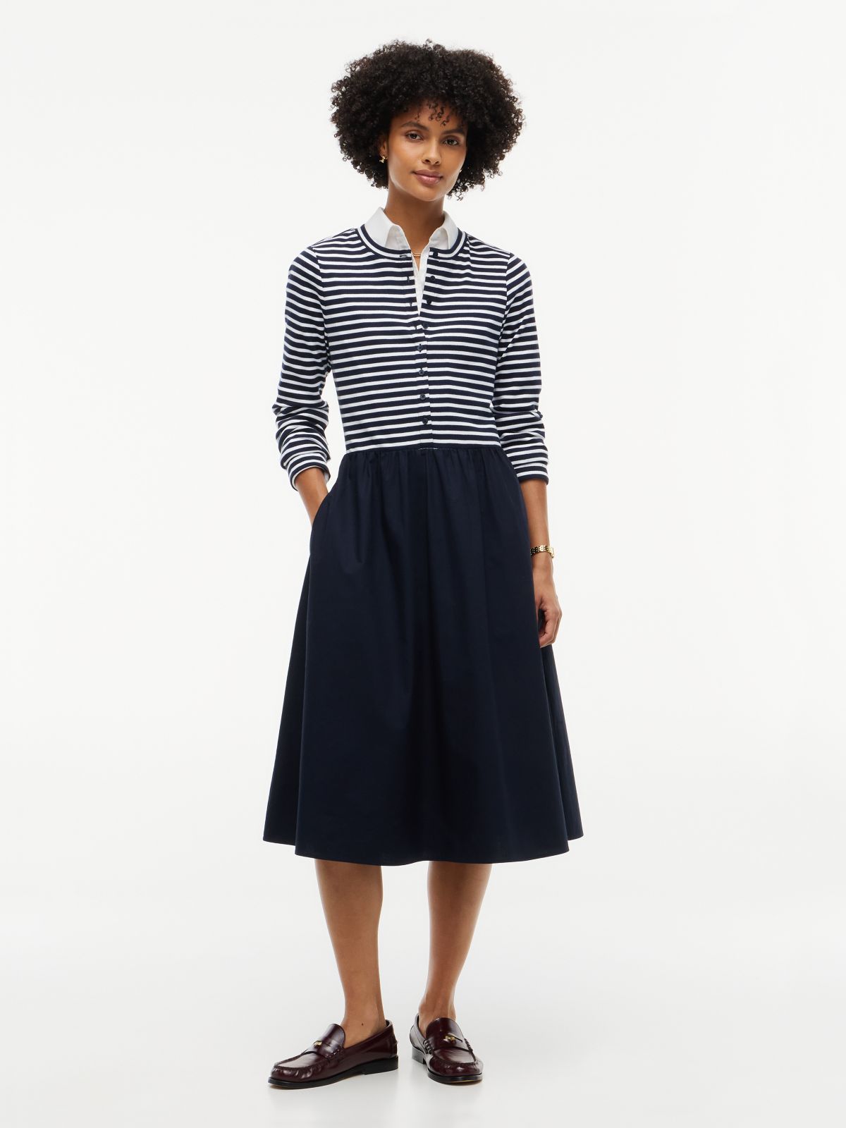 Mixed-Media Striped Henley Midi Dress — Navy Blue