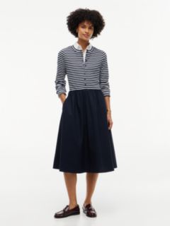 Mixed-Media Striped Henley Midi Dress — Navy Blue 1