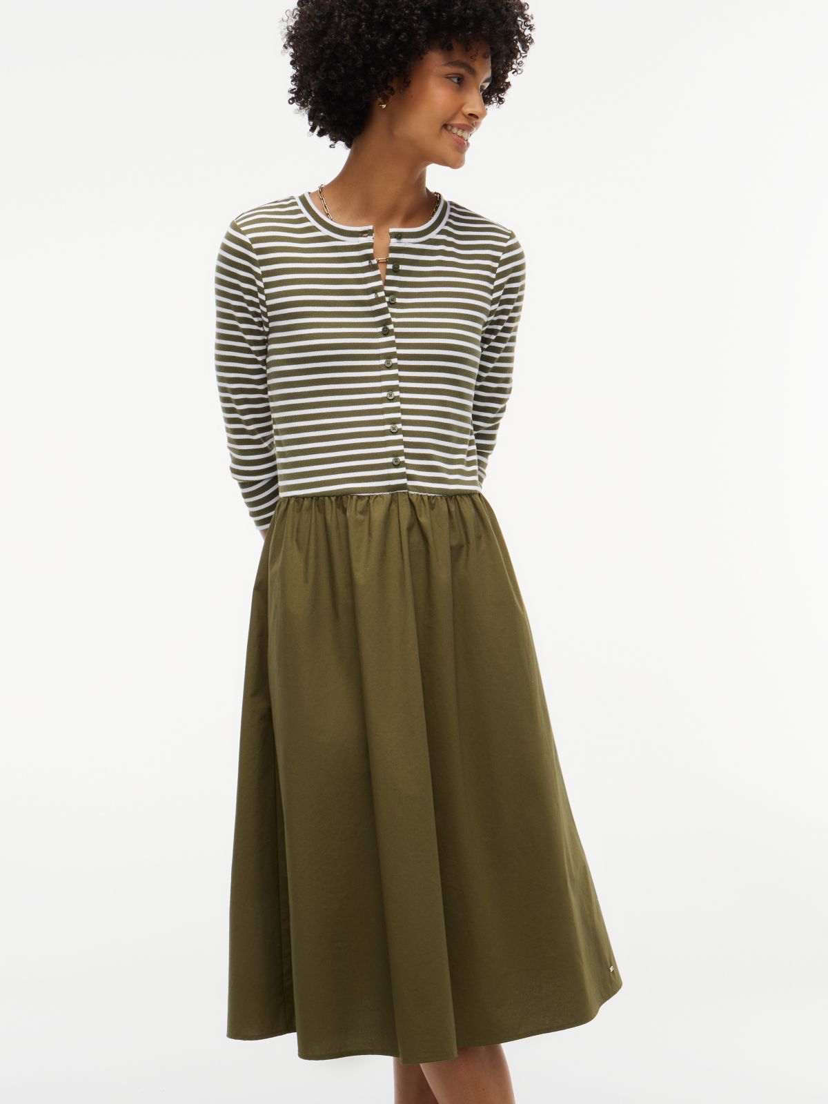 Mixed-Media Striped Henley Midi Dress — Huntsman Green