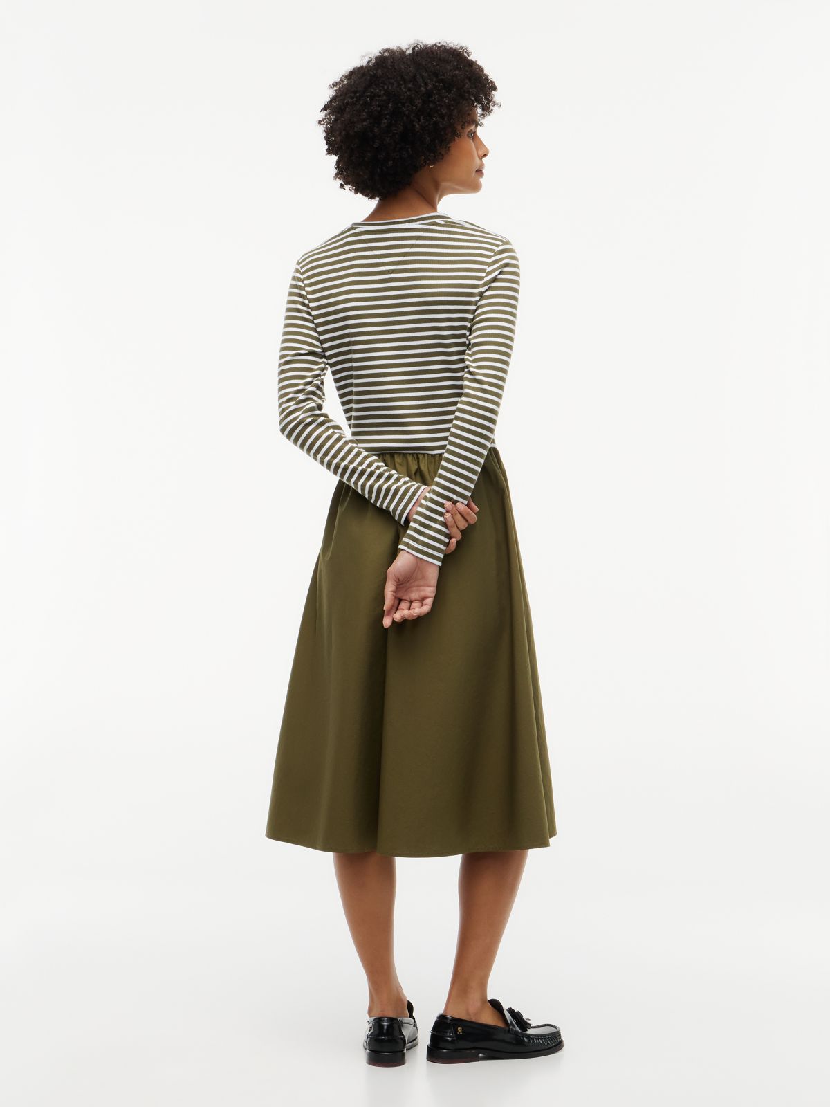 Mixed-Media Striped Henley Midi Dress — Huntsman Green