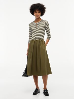 Mixed-Media Striped Henley Midi Dress, Huntsman Green