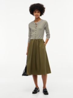 Mixed-Media Striped Henley Midi Dress — Huntsman Green 1
