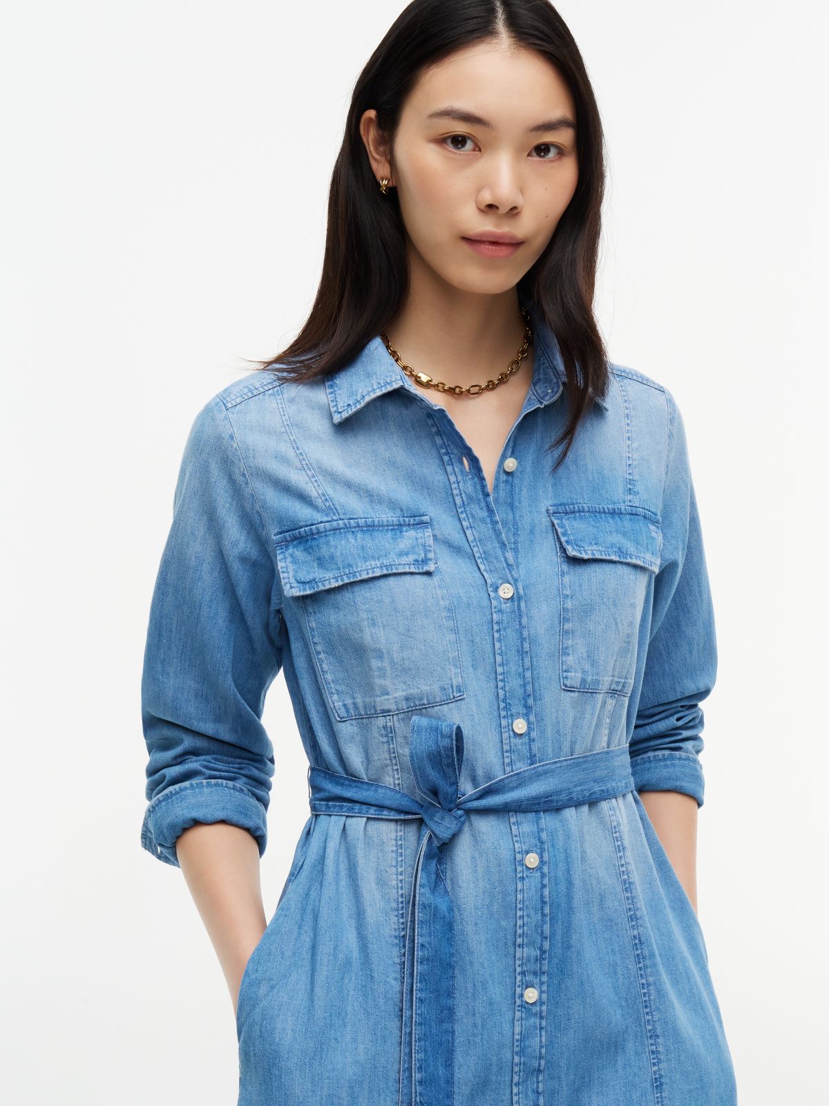 Belted Denim Utility Shirtdress — Medium Wash