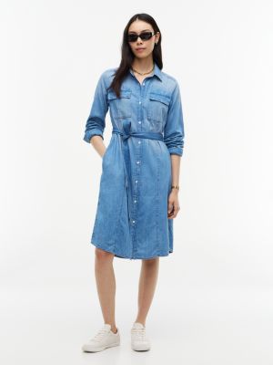 Belted Denim Utility Shirtdress, Medium Wash