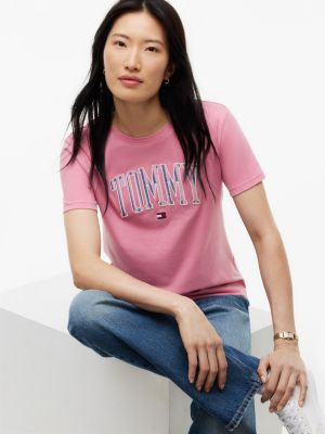 Женская футболка Tommy Hilfiger Striped Varsity Tommy Logo, цвет: Розовый — фото 3