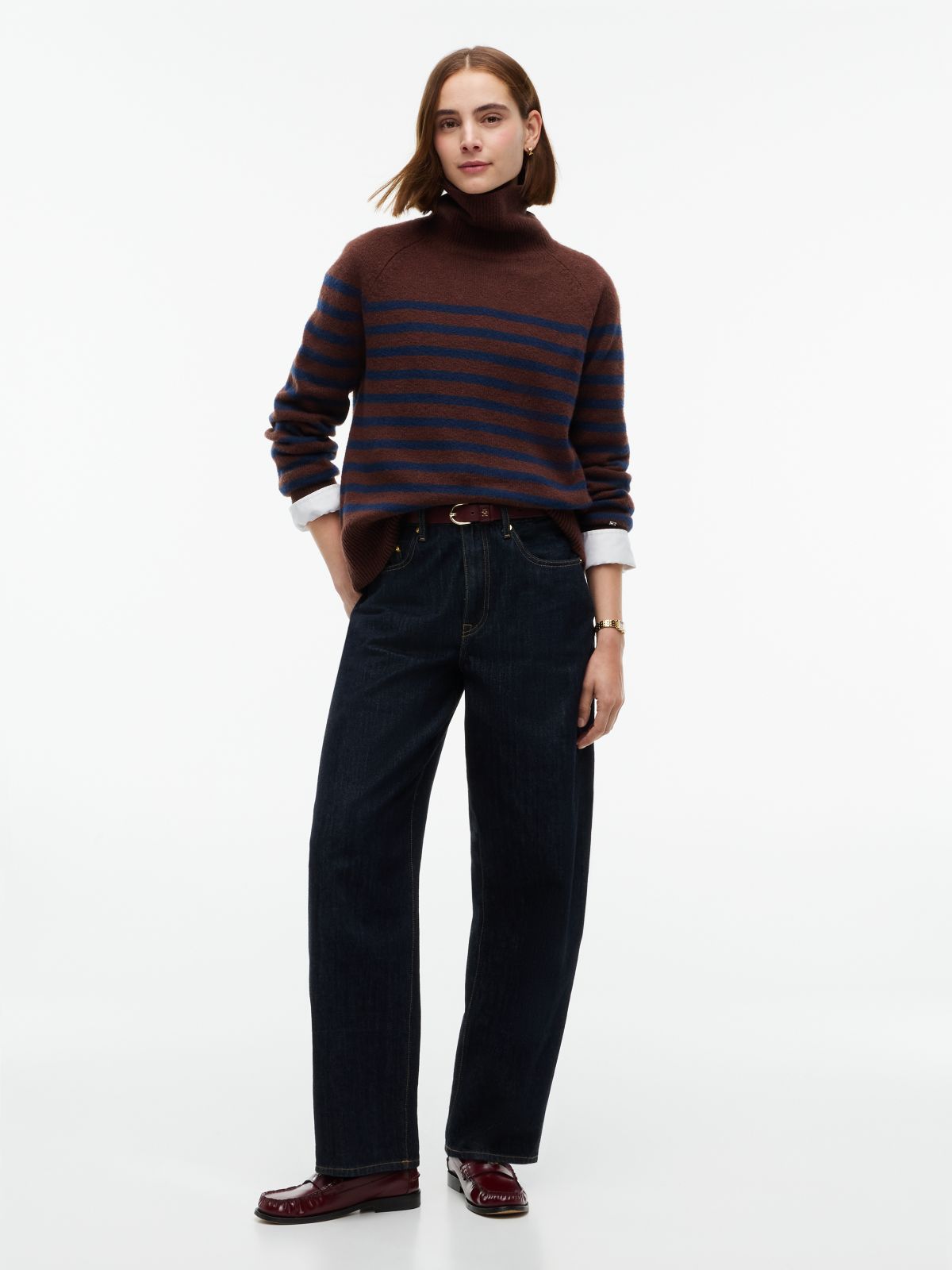 Striped Turtleneck Sweater — Brown/Navy Stripe