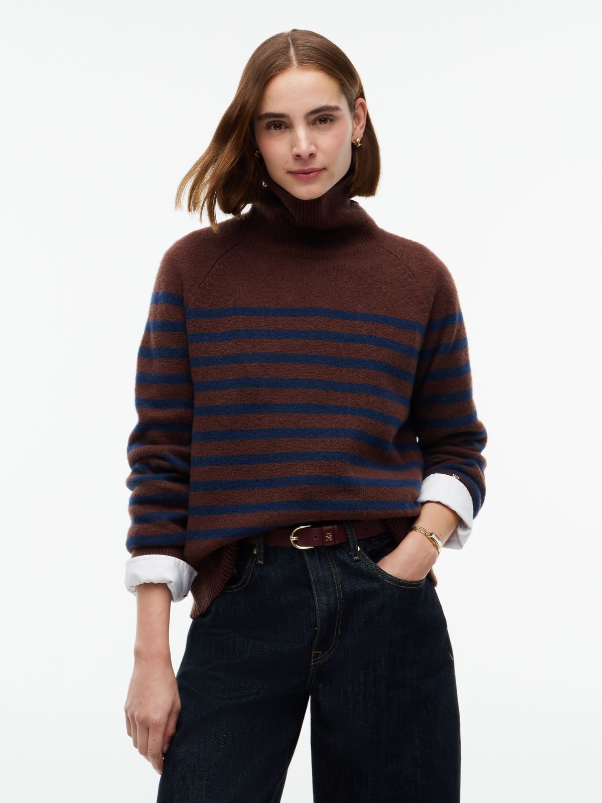 Striped Turtleneck Sweater — Brown/Navy Stripe