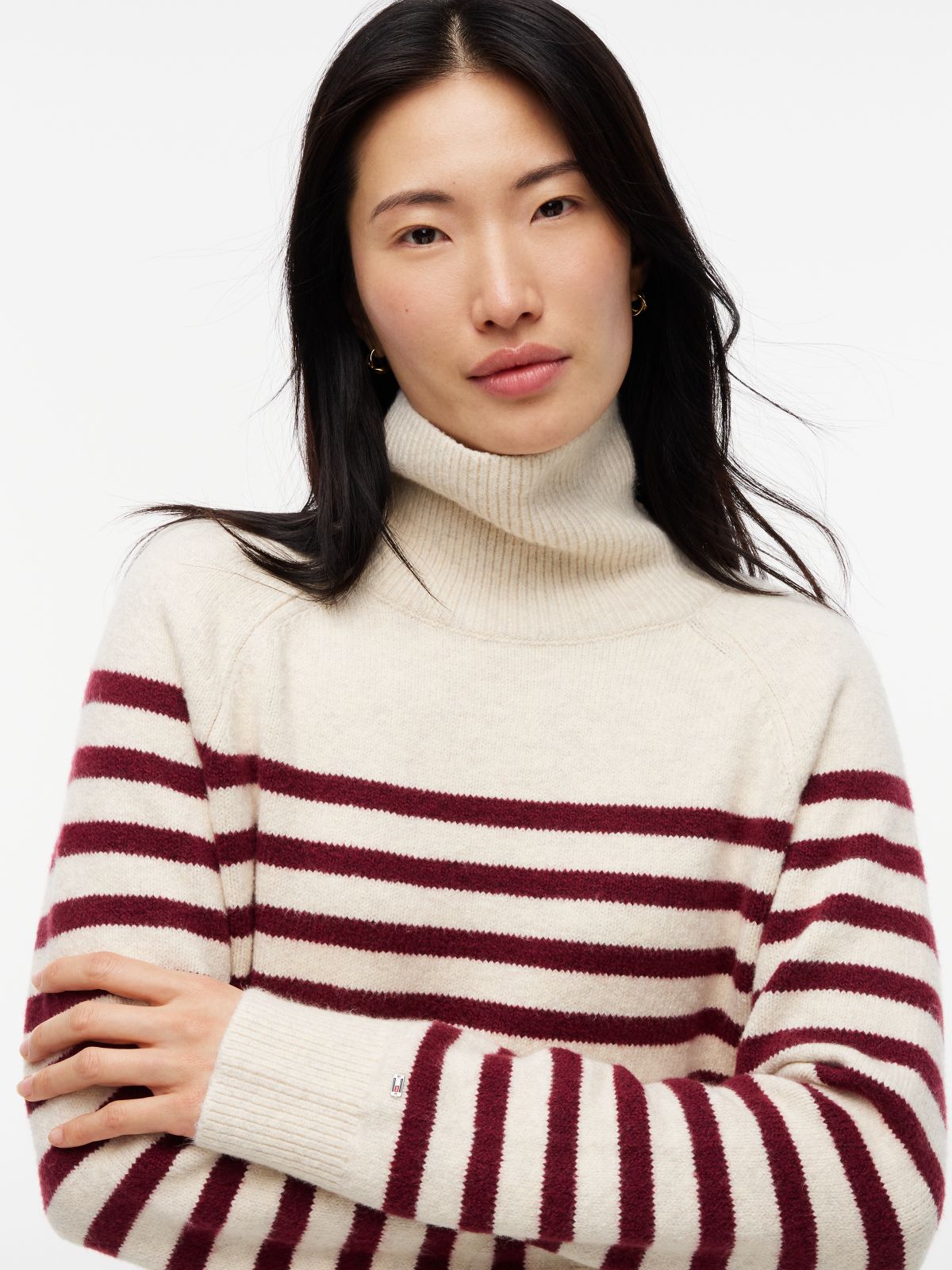 Striped Turtleneck Sweater — Ivory/Burgundy Stripe