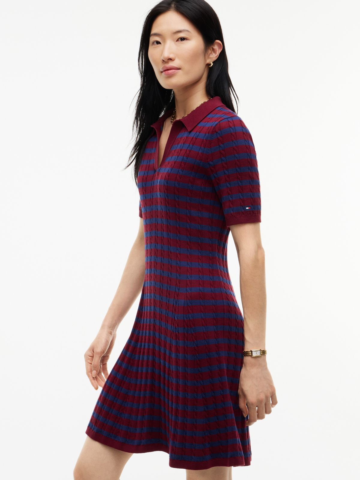 Cable Knit Sweater Polo Dress — Burgundy