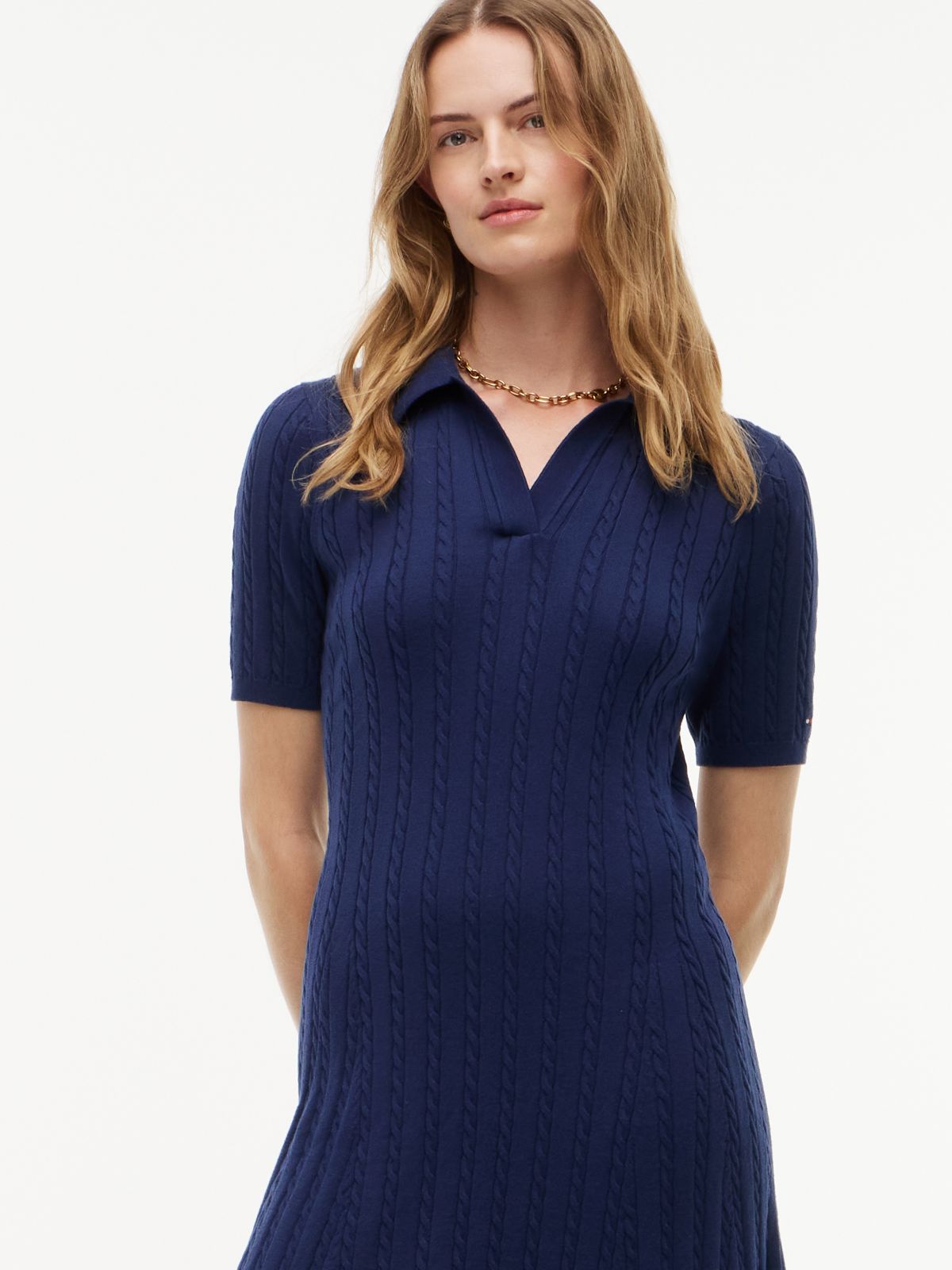 Cable Knit Sweater Polo Dress — Preppy Navy
