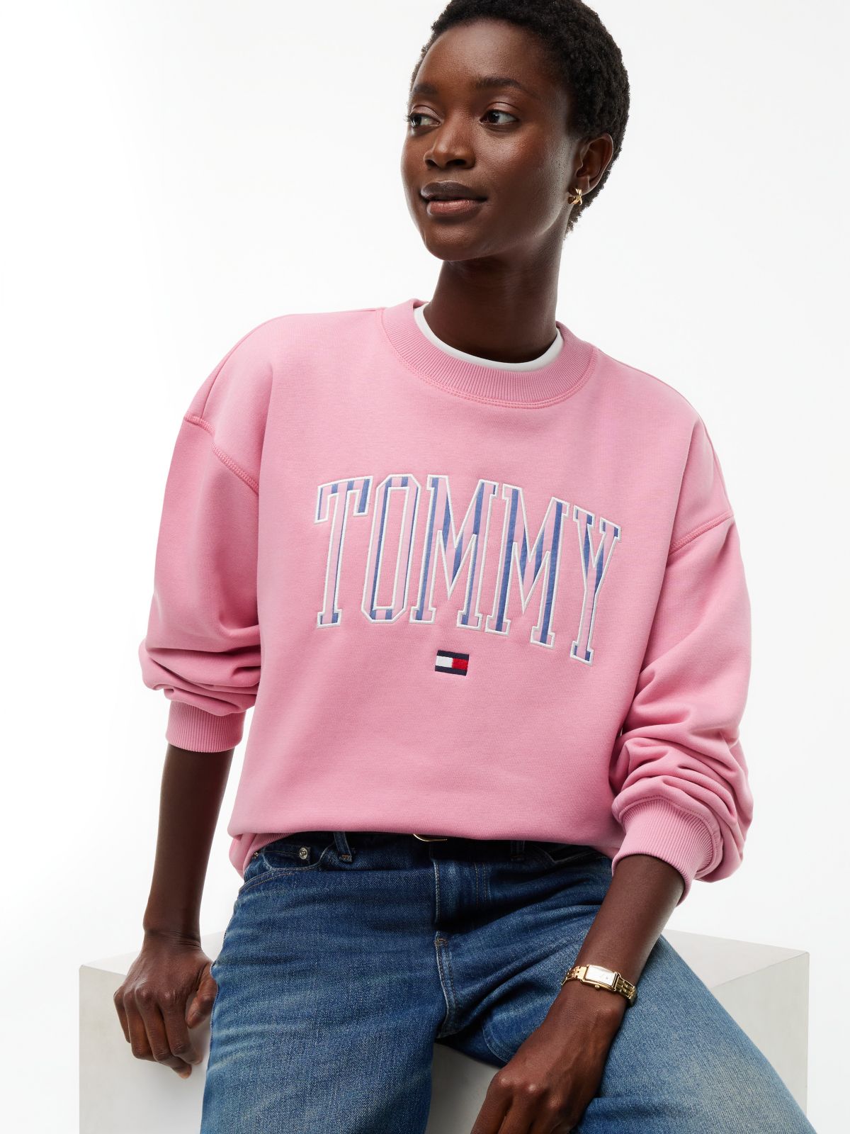 Varsity Tommy Logo Crewneck Sweatshirt — Mystic Pink