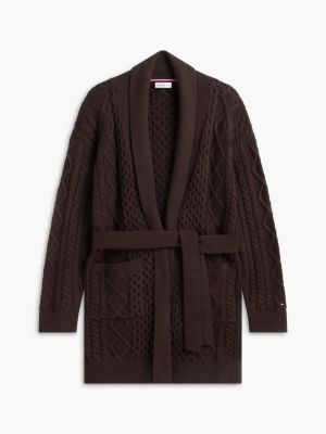 Женский кардиган Tommy Hilfiger Shawl Collar Cable Knit Long, цвет: Тёмный кофейный — фото 5
