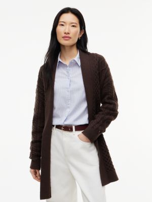 Shawl Collar Cable Knit Long Cardigan, Dark Coffee