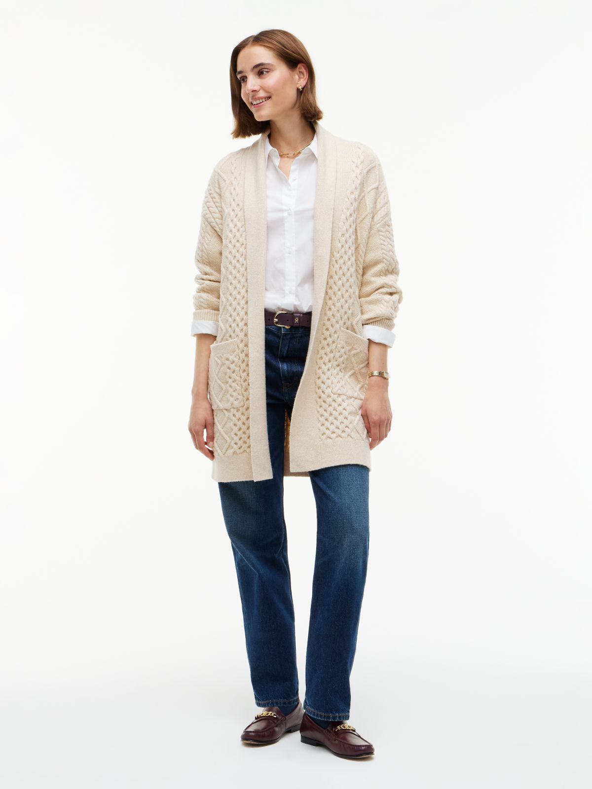 Shawl Collar Cable Knit Long Cardigan — Ivory