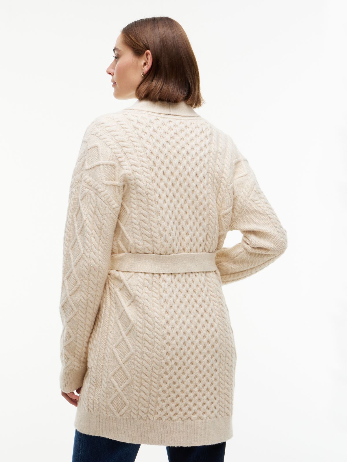 Shawl Collar Cable Knit Long Cardigan — Ivory