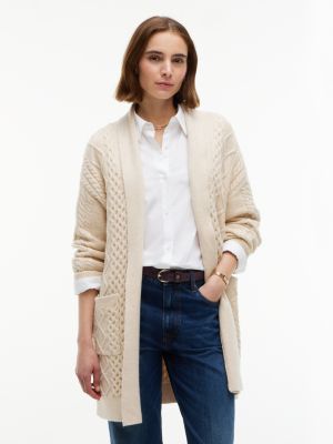 Shawl Collar Cable Knit Long Cardigan, Ivory