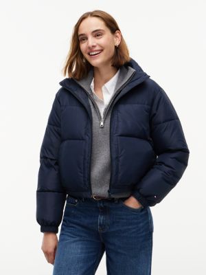 Tommy Hilfiger Women's Water-Resistant Cropped Puffer Jacket - Navy Blue - L