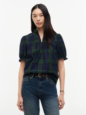 Женская блузка Tommy Hilfiger Tartan Poplin Puff-Sleeve, цвет: Тёмный зелёный — фото 1