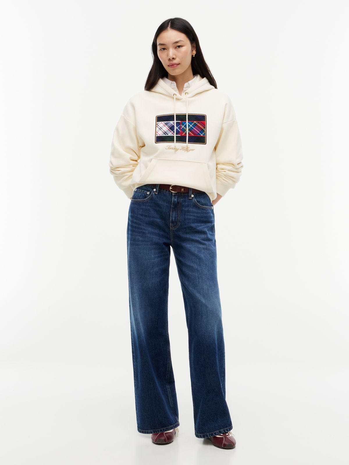 Mixed-Plaid Flag Brushed-Back Hoodie — Rich Cream