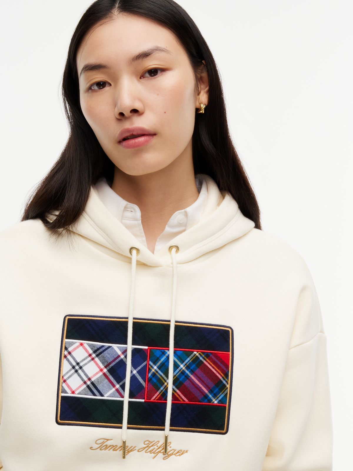 Mixed-Plaid Flag Brushed-Back Hoodie — Rich Cream