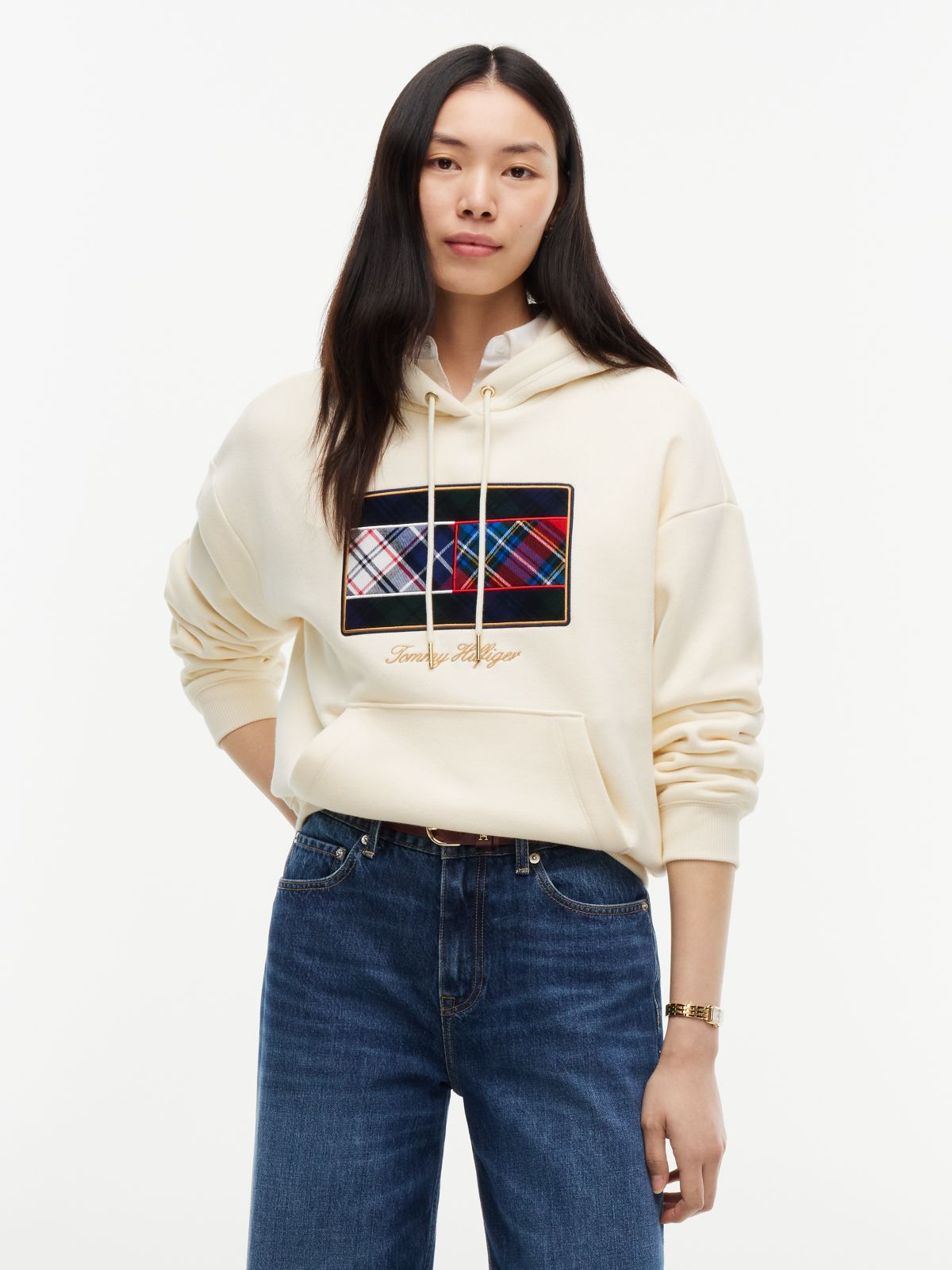 Mixed-Plaid Flag Brushed-Back Hoodie — Rich Cream
