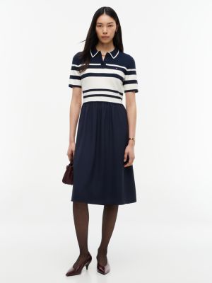 Block Stripe Polo Sweater Dress, Navy Stripe