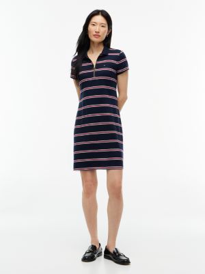 Striped Quarter-Zip Polo Dress, Navy Blue