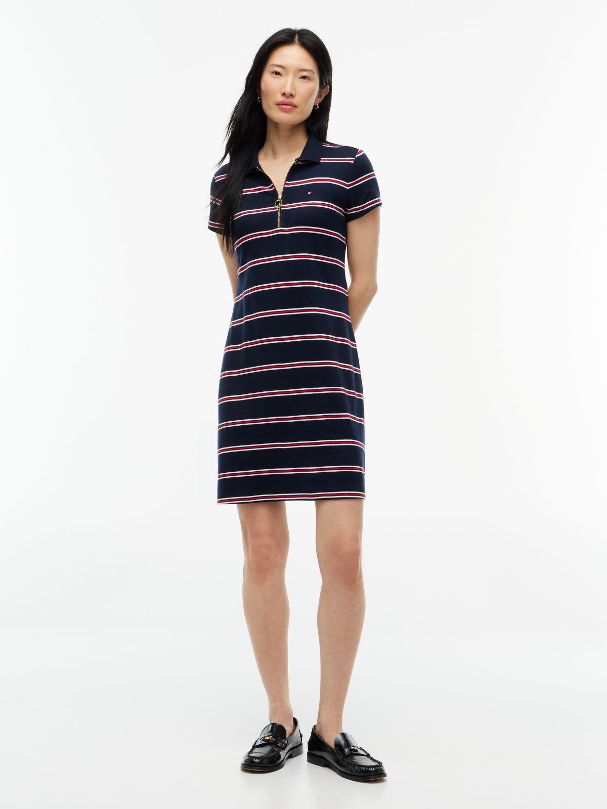Striped Quarter-Zip Polo Dress — Navy Blue