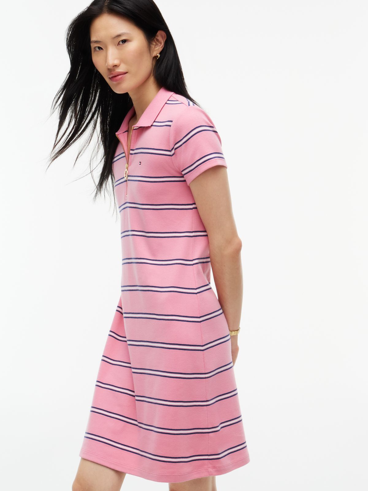 Striped Quarter-Zip Polo Dress — Pink Stripe