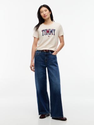Женская футболка Tommy Hilfiger Plaid Varsity Tommy Logo, цвет: Бежевый меланжевый — фото 2