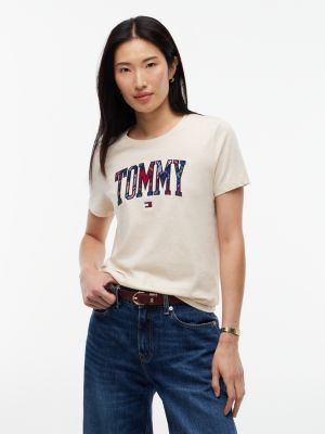 Plaid Varsity Tommy Logo T-Shirt, Beige Heather