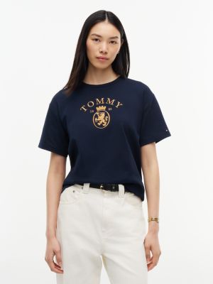 Tommy Hilfiger Women's Metallic Crest Logo Interlock T-Shirt - Navy Blue - S